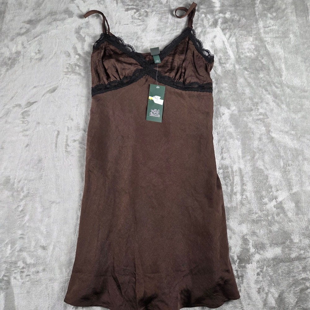 Wild Fable Y2K Coquette Brown Satin Lace Trim Mini Slip Dress Small NWT